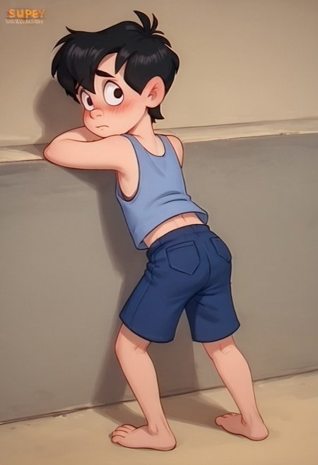 score_9, score_8_up, score_7_up, score_6_up, 1boy, solo, male, Neddiehugson, 1boy, solo,  black hair, short hair, black eyes, thin body, thin face, short stature, cute boy, blushing, shy, tank top, shorts, barefoot, from behind, looking back