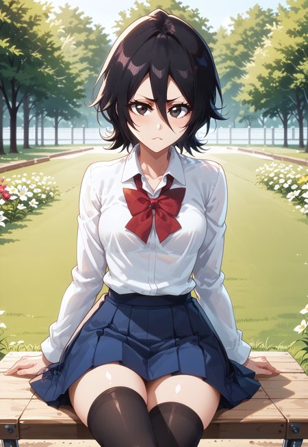 safe_pos, score_9, score_8_up, score_7_up, anime, source_furry , rating_explicit, anime screencap, anime style, Perfect eyes, perfect hands, perfect fingers, bleach_tybw_style,
park, swings, grass, flowers,
Rukia Kuchiki, black hair, medium hair,
school uniform, blazer, long sleeves,  white shirt, collared shirt, red neckerchief,  blue skirt, pleated skirt, black thighhighs, loafers,
((Medium breast)), thick things, thick hips, huge ass, curvy body, hourglass body, aheago, sitting on the swing