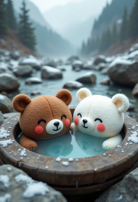 (bird's eye view), Lots of little cute bear dolls, brown bear, white bear, soaking in a big river, river deep in the mountains, hot spring surrounded by rocks, winter, snow falling, outdoor bath, neck-deep in hot water, eyes closed, smiling, smiling, mouth open, relaxed, childlike atmosphere, clay model-like image, mountain top, hot water, red cheeks, lots of steam from river, wide angle, bird's eye view like image, mountain top, steam, red cheeks, lots of steam from the river, wide angle, 
Translated with DeepL.com (free version)
aidmafluxpro1.1
