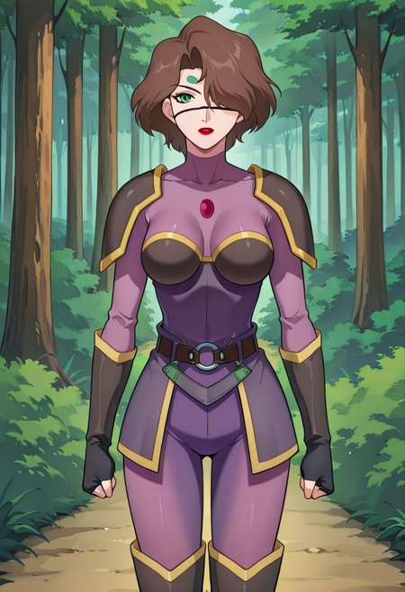 zPDXLx, mur4k4mi-ip,Anime screencap, anime art style, zoids series, zoids chaotic century, viora, 1girl, solo, brown hair, fingerless gloves, gloves, short hair, breasts, bodysuit, outdoors, purple bodysuit, belt, lipstick, tree, eyepatch, hair over one eye, nature, black gloves, armor, looking at viewer, makeup, medium breasts, red lips, one eye covered, green eyes, forest, clenched hands, boots
