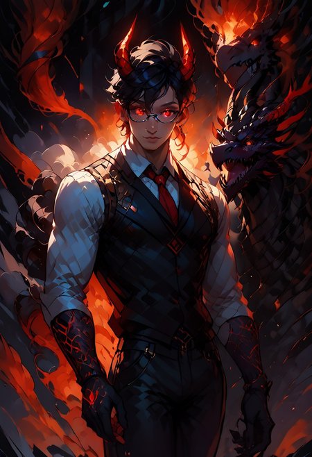 ((score_9, score_8_up, score_7_up,score_9, score_8_up, score_7_up)), (Masculine, Light/tan skin, Toned and 6'5 feet tall:1.4), 24 years old, Handsome face, smile face, perfect face, (((Black hair with neon red highlights))), ((Glowing neon Gold irises)), (Neon Red pupils), (White Sclera), shiny skin, Curley short haircut, ((2 spiral red horns)), (((Demon))), (Large muscle build), gages in ears, Neon tattoos on arms, wild hair, toned hips, ((fit look, large intelligent glasses)), ((Long Blue leather coat, dragon scale coat, black vest, black shirt, black pants)), shiny skin, dark aura, small light, warm lighting, (no nsfw) , stools, cowboy shot, dark dimension, black background, empty space, stars, dynamic action: one hand opened, (((explicit, beam, sole hyper bottomless hole, both her wings hole shooting one strong giant thick purple beam by absolute straight line,))), focus on hand