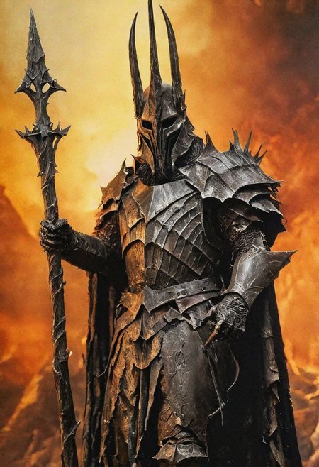 Ellis-RealismBoost, Close Up detailed photograph of the Witch King from The Lord of the Rings, perfect saturation, standing in Mordor, color photography, vintage, eye of sauron background, masterfully top lighted, masterful painting in the style of Anders Zorn | Marco Mazzoni | Yuri Ivanovich, Todd McFarlane, Aleksi Briclot,