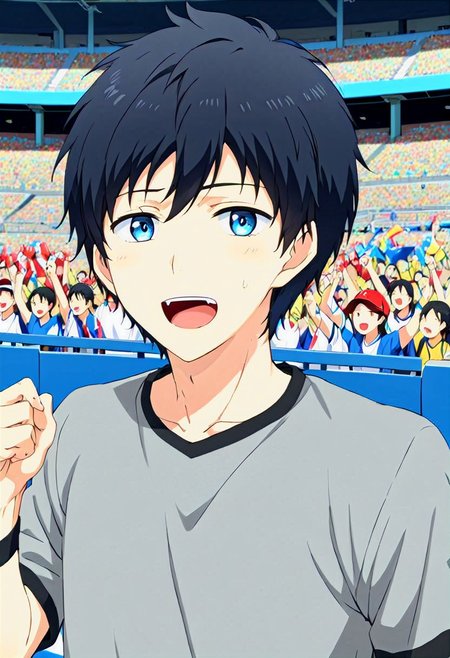 high resolution, solo, best quality, 1Boy, Arata Kaziaki, Black Hair, Blue Eyes, Attending a sports game, stadium, cheering, excitement,