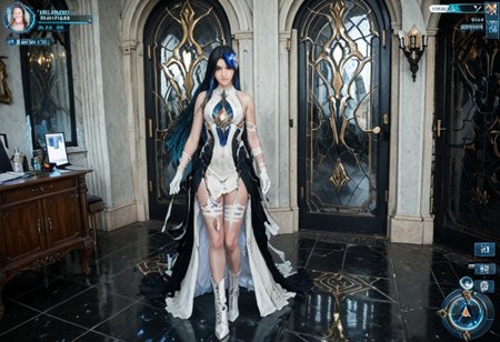 mai_pgr_selena_xs
1 adult woman,  bandaged_arm,bandages,bare_shoulders,black_dress,black_hair,blue_eyes,blue_hair,boots,colored_inner_hair,gloves,high_heels,jewelry, long_hair,multicolored_hair,solo,streaked_hair,very_long_hair,white_dress,white_gloves
VG_SS, fake screenshot, 
(High Resolution), (More Details), (8K), (High Resolution)