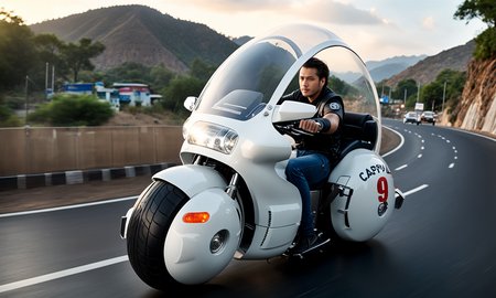 cinematic still of man driving large round motorcycle with a windshield,  best quality, highly detailed, bokeh, <lora:cap9motosdxl:0.8>, black simple background, text "Capsule 9", beautiful landscape, cinematic lighting,