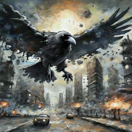 artmix04 flying raven in the background of futuristic city explosion and nuclear mushroom, dark, very detailed<lora:artmix04:1>