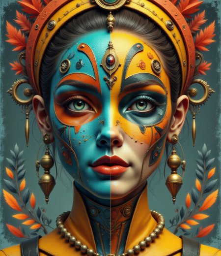 line art drawing cinematic film still professional 3d model <lora:.Concrete Vitality.trained:1> <lora:ck-nc-pastel-cyberpunk:0.8> A digital artwork in the style of cknc, <lora:lora._SplitVisions.trained:1>Young woman (ethnicity:1.1), (age:20), (detailed makeup:1.2), (accessories:1.2), (facial features:1.3), (eyes:1.2), (blue eyes:1.2), (expression:1.2), (serious expression), (body type:1.1), (pose:1.2), (portrait),  (half-face paint:1.3); vibrant, bold color palette of blue, black, orange, yellow, red,  (detailed face design:1.4), (geometric patterns:1.2) in symmetrical abstract design on face;  (body paint:1.2),  (detailed clothing:1.1);  brightly colored ornate headpiece;  centered composition; (looking directly at viewer); studio lighting with strong contrast; eye-level perspective; photorealistic rendering; detailed skin texture,  (high contrast); vibrant colors; (geometric face design:1.2). . octane render, highly detailed, volumetric, dramatic lighting . shallow depth of field, vignette, highly detailed, high budget, bokeh, cinemascope, moody, epic, gorgeous, film grain, grainy . professional, sleek, modern, minimalist, graphic, line art, vector graphics