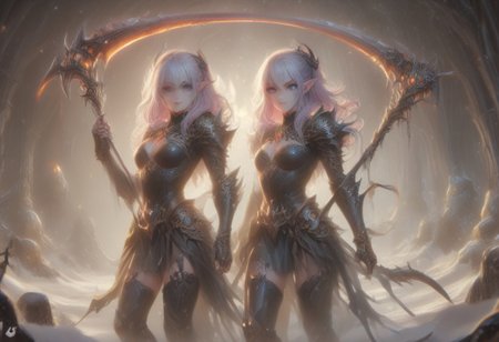 score_9, score_8_up, score_7_up, score_6_up, dynamic, (anime, masterpiece), best quality, (8k), detailed background, sharp focus, intricate, ambient lighting, super high quality, hyper detailed background, cinematic lighting, adult, dungeons and dragons character art style, a norse girl early 20s, straight long lilac hair tied back into a ponytail, heart choker, black hairband, dark magical blue eyes, pale skin, human, wearing black crop top and black leather skirt, thighhigh high heeled boots, holding a scythe in her hands, full body portrait, zoomed out, medium breasts, walking through a snowy mountain village, action pose, facing down a slime monster