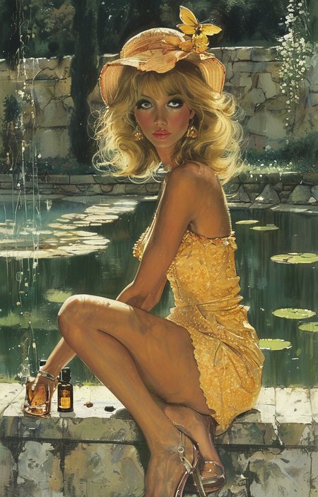 masterpiece,best quality,<lora:tbh298-sdxl:0.9>,illustration,style of Robert McGinnis
 A bottle of perfume in garden
