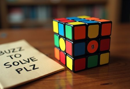 semi-realistic,
rubik's cube, unsolved rubik's cube,  close up, wooden table, detailed wood texture, note "BUZZ TO SOLVE ME PLZ"