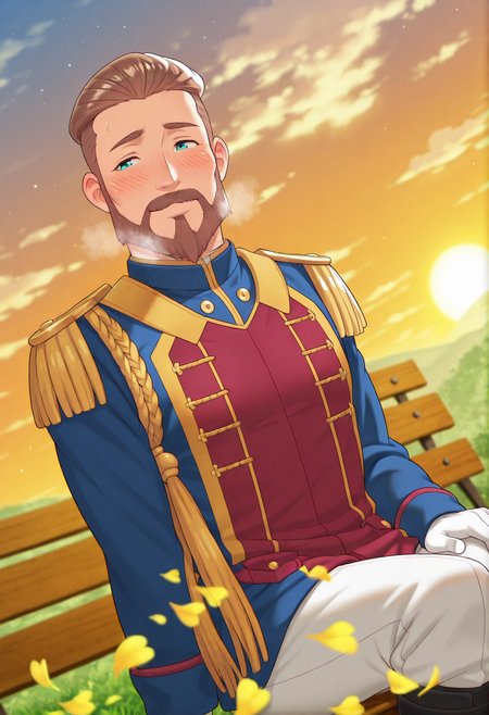 <lora:Leopold_Auvergne_-_from_anime_Bureaucrat_to_Villainess_Dads_Been_Reincarnated:1>, masterpiece, best quality, amazing quality, very aesthetic, high resolution, ultra-detailed, colorful, shiny skin, countershading, intricately detailed illustration, LeopoldAuvergne, brown hair, short hair, hair slicked back, forehead, aqua eyes, thick eyebrows, beard, mustache,  military jacket, blue jacket, long sleeves, double-breasted, epaulettes, fringe trim, gold trim, white gloves, white pants, black boots,
solo, soft smile, blush lines, sitting, hand on legs, blurry outdoor sunset view, bench, from side, dutch angle,