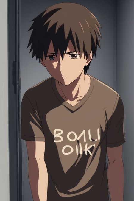 high resolution, solo, best quality, 1Boy, Takaki Toono, Brownish Hair, Brown Eyes, kabedon POV, T-Shirt, OverallDetail