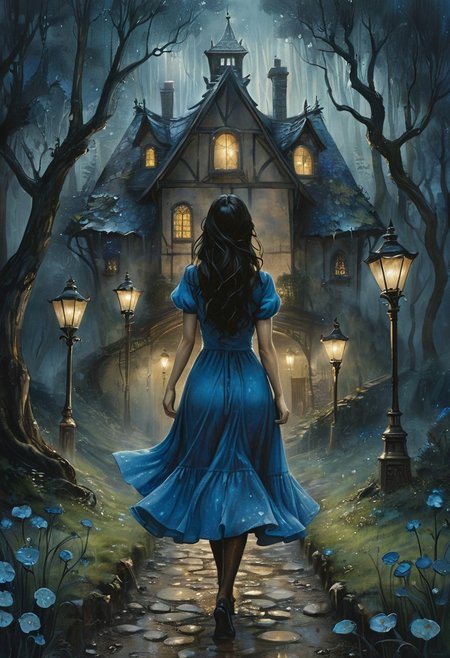 (water-colored), illustration, style of Jessica Galbreth,
(far view, far shot, rear view, facing away:1.3),
(Alice, woman walking on a trail, very long dark brown hair,  hair rim lighting, hair in the wind, blue maid dress with short sleeves, black tights, black shoes:1.5), 
fog, dreamy, dream,
(at night, forest, raining, heavy rain, rain drop), (huge fantasy house, street lamps:1.6)