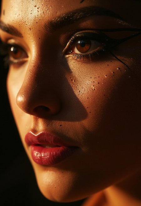 A sensual close-up portrait of Makeda, Queen of Sheba, her face illuminated with soft, golden light that enhances her regal beauty. Her lips are full and meticulously detailed, with a slight sheen of deep crimson gloss, parted ever so slightly to reveal their natural allure. Her iconic eye makeup is striking: bold, black kohl lines extend dramatically from her almond-shaped eyes, winging outward with precision to form the classic Egyptian "feline flick." A shimmering band of gold eyeshadow accentuates her eyelids, blending seamlessly into her black skin tone. Her thick, jet-black lashes curl upward, framing her penetrating gaze, which is both seductive and commanding. Tiny beads of sweat glisten on her flawless complexion, adding a subtle sensuality. Her high cheekbones are lightly brushed with a warm bronze tone, emphasizing her face's elegant structure. Makeda, Queen of Sheba look is the epitome of opulence and mystery, her beauty a timeless invitation to fascination.