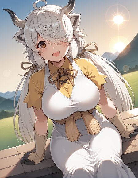 score_9, score_8_up, score_7_up, source_anime, rating_explicit, <lora:yak_XL-Pony_LoRA-C3Lier_8-8-8-8_AdamW_Un3e-4_Te1.5e-4_10batch:1>, yak \(kemono friends\), 1girl, multicolored horns, animal ears, hair over one eye, ahoge, white hair, long hair, very long hair, parted bangs, sidelocks, twintails, brown eyes, large breasts, hair ribbon, white dress, long dress, collared shirt, yellow shirt, short sleeves, neck ribbon, brown ribbon, gloves, dutch angle, head tilt, smile, happy, open mouth, looking at viewer, sitting, sunrise, sunlight, lens flare, gradient sky, backlighting, mountainous horizon, depth of field, perspective