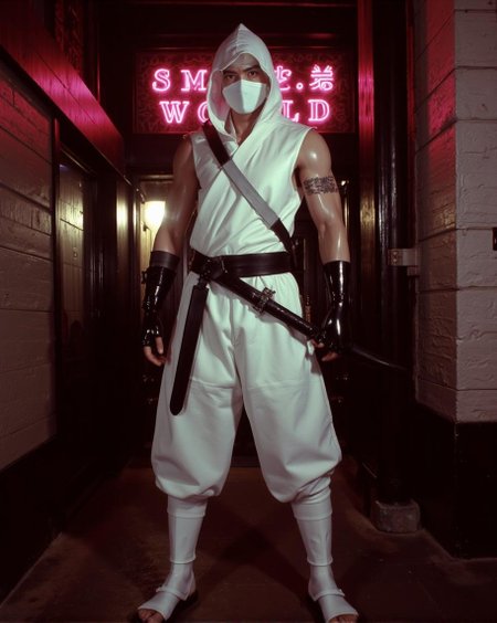 <lora:LORAS.safetensors:1> SYDNEYWORLD
In a softly lit, vintage noir setting, a life-size statue of a ninja warrior stands in a commanding pose, legs slightly apart, exuding an air of readiness and strength. The overall attire is predominantly white, a stark and pure hue that underscores the martial arts theme. The ninja wears a form-fitting, sleeveless white tunic that reaches just below the waist, layered over snug white pants, which tuck neatly into traditional-style shin guards and sandals, maintaining the monochromatic elegance.
The ninja's face is almost entirely obscured by a white mask that covers the lower half, leaving only sharp, intense eyes visible. These eyes, rendered with a natural, lifelike hue, contribute to an air of mystery and vigilance. A white hood completes the stealthy look, draping gracefully over the shoulders. The arms are prominently muscled, with the skin tone smooth and natural, adding a touch of realism. The right arm is adorned with detailed textures, suggesting bandages or armor, which catch the light and cast subtle shadows, enhancing the depth and realism.
A black sash, tightly wrapped around the waist, holds a katana, the hilt of which is visible on the left side. The katana's scabbard and hilt are rendered in a glossy black, providing a stark and elegant contrast to the otherwise white attire. Black leather gloves complete the ensemble, adding an element of toughness and refinement. The smooth, reflective surfaces of the leather and the glossy scabbard interact with the ambient neon lighting, casting highlights and subtle shadows that accentuate the contours and depth of the figure.
The statue stands against a minimally detailed background, with ambient neon lighting that glows softly, creating a warm, retro-inspired color palette dominated by warm sepia browns, dense blacks, and neon accents of pink or red. The lighting is soft yet dramatic, casting highlights and subtle shadows that bring out the musculature and textures of the figure, giving it a dynamic and lifelike presence. The ambient neon lights add an element of sultry mystery, blending nostalgia with modern luxurious undertones and centering all attention on the finely rendered details of the ninja warrior.