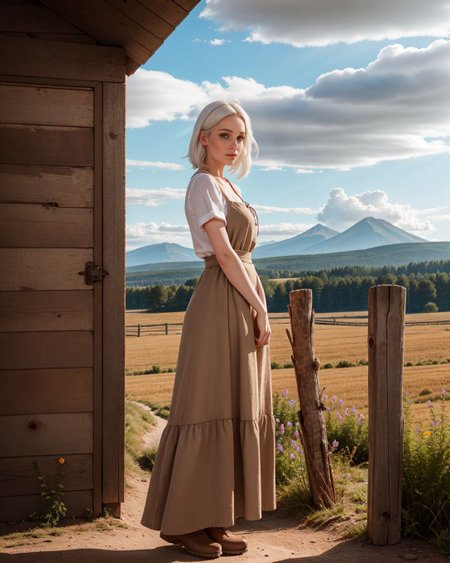 (Two-shot:1.4), (Sn0frid_v1, white hair:1.3),  medium bosom, (style of Dorothea Lange) rugged frontier homestead woman, 1800s Montana, linen blouse, long skirt, apron, practical sturdy boots, earthy tones, natural fibers, rustic charm, sepia-toned aesthetic, arid golden prairie, wooden cabin, wildflowers, cracked soil, farm tools, weathered textures, sun-dappled lighting, determined expression, confident pose, wind-tousled hair, (dramatic clouds:1.2), vast open landscape, vintage authenticity, pioneering spirit ,