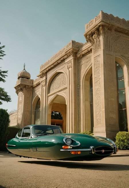 (low angle shot:1.4),dynamic angle, an editorial photo of a dark green Jaguar E-type style Hovering_Car parked in front of a library in the style of Art Deco old Persian House architecture, highly detailed, clean lines, fine art photography, award winning photography, film grain,Persian Girl,