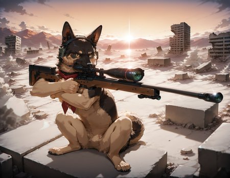 masterpiece, best quality, amazing quality, very aesthetic, absurdres, ruins, debris, sunset,wide shot, landscape,lense flare,chromatic aberration,concrete, urban
, 1other, german shepherd, serious, dark, v-shaped eyebrows,detailed eyes,animal focus, no humans,red neckerchief, fluffy fur,fluffy ears,headset
,5n1p3r_cr4dl3, sniper on arm, holding sniper,crossed arms, arm on top, sitting, wrist grab, cradle
, <lora:seated_sniper_cradle_ill_v3.5:1>