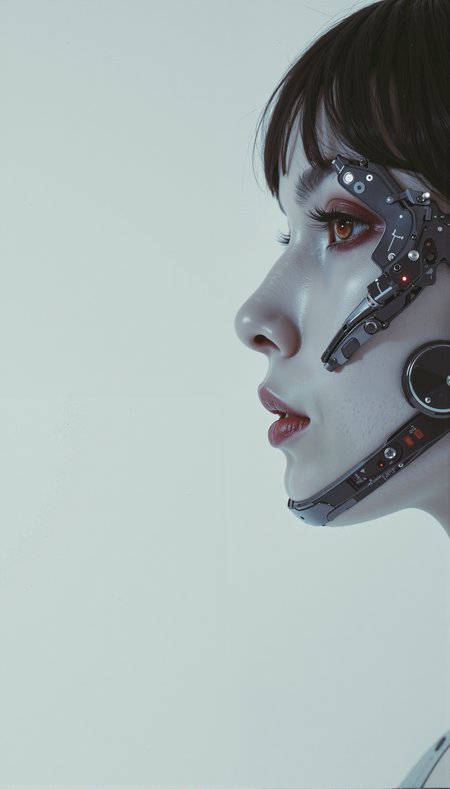 Captivating minimalist portrait of a shy and alluring (semi-cyborg:1.2) woman. The left half of her face is visible, with her delicate features flowing smoothly into the clean white canvas. There are cybernetics, human-machine fusion, dystopia, organic meets artificial, darkness, intricacy, futurism, technology, cybernetic enhancement, running across her face. Her soft bright red lips contrast against the monotone black background, drawing the viewer's attention. Her cybernetic eyes hold a subtle, enigmatic expression, radiating a simultaneously haunting and enchanting vibe. The simplicity of the composition with its stark contrast evokes a sense of ethereal beauty. <lora:RM_TacExoGear_v0.2.safetensors:0.70>, stylized by Hiroshi Teshigahara and Dardenne Brothers, photograph, In the midst of an intense, dramatic scene, a dlsr with sharp focus and fiery red eyes gazes intently at a target. The background is a vivid blend of colors, with bold lines forming a striking contrast against the muted tones of the scene. The air is thick with tension, as the camera zooms in on a powerful explosion of energy that seems almost too deep for the viewer's eye. This portrait is not just action, but rather expression. Cozy, Polaroid, 80mm