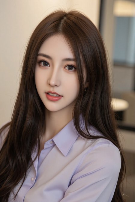 llz,A close-up of a woman with long hair wearing a shirt,seductive smile,realistic,reality,photo.,
