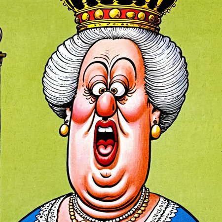 cartoon of Queen Victoria ,   in (donmartin style:1.2), caricature,  action pose, fearing  facial expression,(  caricature:0.4),  HQ, high resolution,      detailed eyes and lips, by don martin <lora:DonMartin_StyleXLv6.6:0.75>  <lora:add-detail-xl:0.04> <lora:xl_more_art-full_v1:0.05>