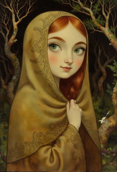 SecretKells Victorian era oil painting by Henrietta Rae, closeup upper body portrait of a beautiful young woman with red hair, her intricate Celtic-patterned cloak flowing softly around her, set against a dark forest backdrop. Her eyes reflect the soft glow of magical runes on the trees, while delicate swirling lines frame her face. Animated, stylized, detailed portrait, mystical atmosphere.