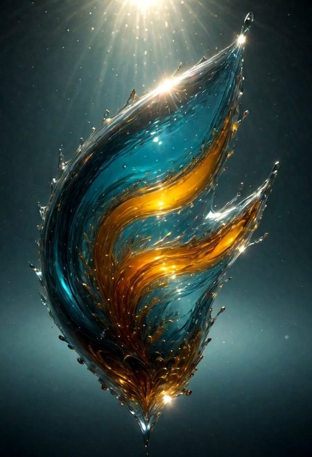 An abstract shape, amazingly fluid, made of glass, detailed, 3d fractals, light particles, water drops, shimmering light, surreal, ink, smooth, shimmering, glow, cinematice contrast, Glow, 16k, crystal clear, colorful, backlight,