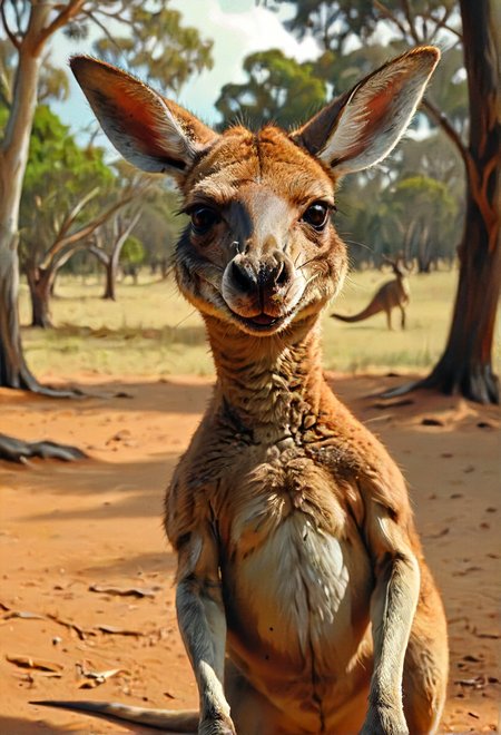 yo, mischievous smiling kangaroo, you look like you're up to something, atmospheric, <lora:SDXL - Style - EldritchRomanceIllustration_0.9.1:0.8>  <lora:- SDXL - AI-Breaker_V3.5:0.5> kangaroo