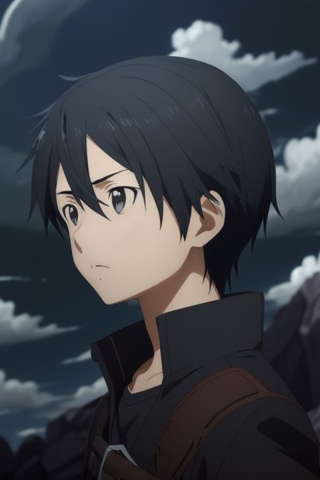 high resolution, solo, best quality, 1Boy, Kazuto Kirigaya, portraits, Black Hair, Black Eyes, existential longing, fantasy background, strong wind, OverallDetail