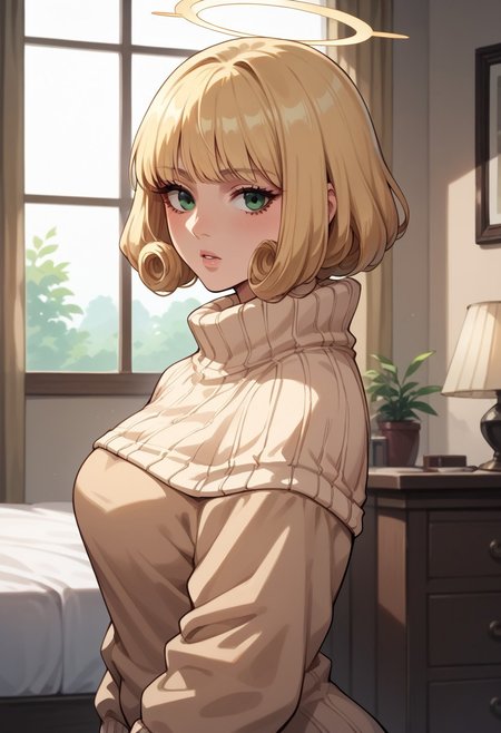 anime artwork, score_9, score_8_up, score_7_up, score_6_up, score_5_up, solo, 20 year old, perfect beautiful face, long eyelashes, (bedroom), medium breasts, wide hips, hips,,1 girl, halo, blonde hair, short hair, bangs, curly hair, green eyes, beige sweater, looking at the viewer, side view