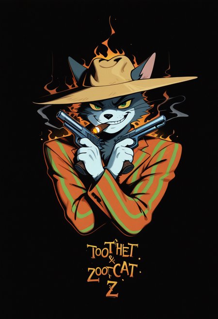 masterpiece, best quality, Graphic Design, color art, vibrant colors, colorful, intricate details, high contrast, detailed background, beautiful detailed, beautiful face, detailed eyes, detailed face, new, newest, z00tt0m, 1boy, solo, male focus, furry, cat, yellow sclera, green eyes, grey fur, whiskers, hat, formal, suit, striped jacket, simple background, black background, upper body, dynamic pose, orange aura, menacing, looking at viewer, grin, cigar in mouth, smoking, dark, weapon, holding handgun, dual wielding, 
