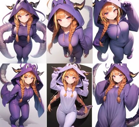 <lora:coco1-000013:1>, paj3, yaman, blush, bright pupils, closed mouth, cosplay, diagonal-striped bow, dragon hood, dragon tail, full body, hood up, kigurumi, looking at viewer, low twin braids, low twintails, mascot costume, multicolored eyes, sidelocks, simple background, slit pupils, smile, standing, straight-on, striped, striped bow, tachi-e, tail, twintails, white background, white pupils