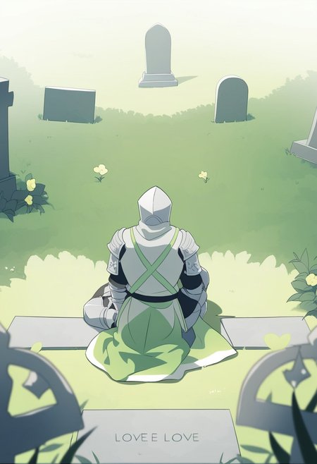 male knight kneeling in front of grave, green yard love theme, view from the back