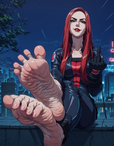 score_9, score_8_up, score_7_up, anime_source, BREAK,
masterpiece, best quality, mature woman, solo, <lora:NewAvengers:0.7> black widow, red hair, curly hair,  black body suit, belt, green eyes, bracelets, black gloves, barefoot, soles, wrinkled feet, wrinkled soles, looking at viewer, evil smirk, middle finger,  rooftop, outdoors, cityscape, night, neon lights,  <lora:g4n1m3XLP:0.7> g4n1m3