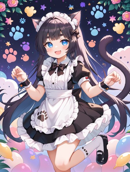 1girl, 
solo, black bow, animal ear fluff, blush stickers, puffy sleeves, cat girl, waist apron, paw print, standing on one leg, socks, thick eyebrows, black hair, cat ears, very long hair, frills, :d, apron, maid, looking at viewer, open mouth, bowtie, puffy short sleeves, frilled apron, animal ears, short eyebrows, shoes, bow, wrist cuffs, standing, blue eyes, black dress, cat tail, white socks, black bowtie, paw print background, white apron, dress, maid headdress, smile, long hair, black footwear, tail, short sleeves,
A young girl with long dark hair and a big bow on her head. she is wearing a blue and white striped dress with a red ribbon tied around her neck. the dress has a ruffled skirt and black shoes. she has a pair of cat ears on top of her head, which are decorated with colorful flowers and leaves.
score_9, score_8_up, score_7_up, source_anime
 <lora:style016:0.8>