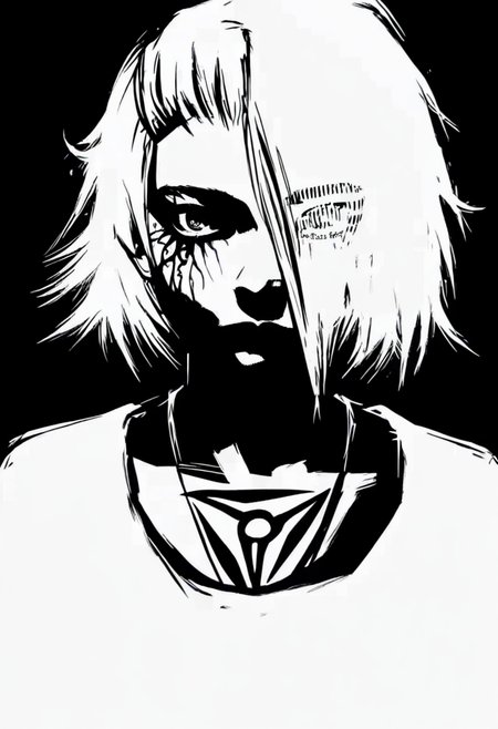 monochrome, greyscale, solo, black background, tattoo, 1girl, looking at viewer, short hair, simple background, hair over one eye, necklace, upper body, closed mouth, jewelry <lora:odysseasXL_NBVP1_lokr_V6311PZ:0.95>