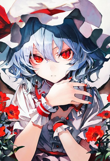 masterpiece ,best quality,artist:Banpai Akira, 1girl,solo,remilia scarlet,wings,hat,flower,bat wings,red eyes,wrist cuffs,short hair,hat ribbon,upper body,ribbon,slit pupils,looking at viewer,traditional media,blue hair,