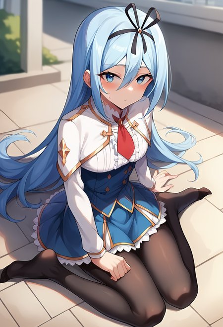 score_9, score_8_up, score_7_up, source_anime, masterpiece, 1girl, ctiankrulc1fer, light blue hair, blue eyes, white capelet, red necktie, underbust, blue skirt, center frills, frilled skirt, long sleeves, black pantyhose, wariza, feet, ground, looking up, looking at viewer, outdoors, city, depth of field, sunny, day, sweat, smell,<lora:Krulcifer_Einfolk_pony_ct:1>