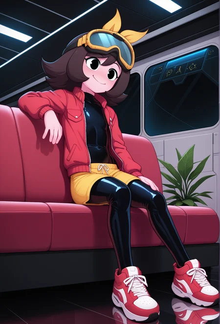 masterpiece,best quality,amazing quality, <lora:marigold_cabronpr_illustrious_v1f:0.7> marigold, 1girl, solo, hairbow, no nose, black eyes, goggles on head, smile BREAK
red jacket, open jacket, bodysuit, yellow shorts, bodysuit under clothes, red sneakers, science fiction, spacecraft interior, plant, reflective floor, dark, low lighting, dim lighting, hallway, couch