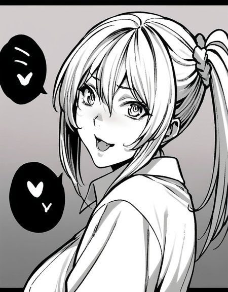 masterpiece, best quality, <lora:style61-a31-000015:1>,side ponytail, monochrome, greyscale, 1girl, fang, solo, blush, smile, open mouth, hair between eyes, looking at viewer, virtual youtuber, bangs, :d, scrunchie, collared shirt, heart, sidelocks, speech bubble