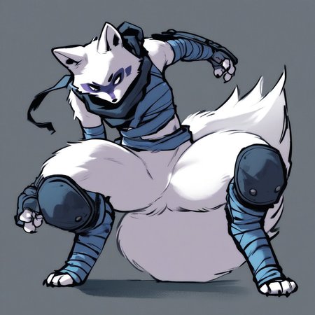 score_9, score_8_up, score_7_up, score_6_up, score_5_up, score_4_up,furry, anrhro, furry artic fox, bandages, ninja outfit, ninja, bottomless. featureless crotch, knee pads, arm guard, leg wraps, fluffy thighs, Alopex, expressionless