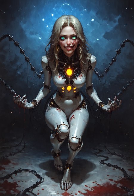 score_9, score_8_up, score_7_up, (android, fully mechanical,  metatronsmt, crazy smile, blood on half face,   blonde hair, green eyes, android,  robot joints, intervention unit, very complex robot, glowing chest:1.2, full metal body, white), full body, mechanical toes, solo,  dark eyes,  provocative, cosmic background, cables and wires everywhere, smirk, black theme, covered face <lora:Concept Art Twilight Style SDXL_LoRA_Pony Diffusion V6 XL:0.8><lora:Expressive_H-000001:0.8> expressiveH<lora:d4rk01lXLP:0.7> d4rk01l<lora:zs_Metatron:2>