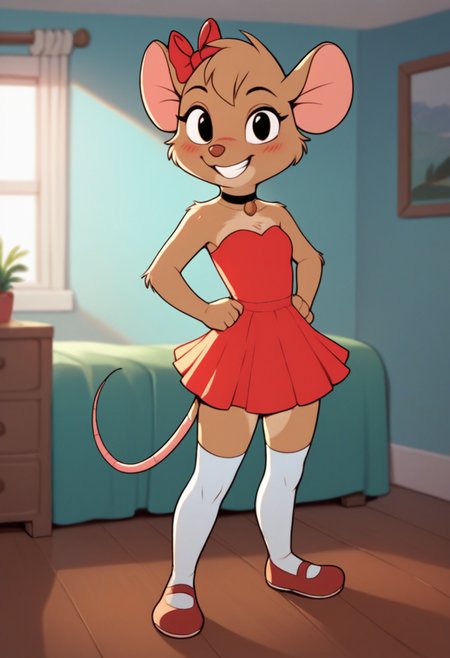 score_9, score_8_up, score_7_up, score_6_up, score_5_up, 1girl, solo, full body,
<lora:Olivia Flaversham (The Great Mouse Detective) (Pony):0.8>
Olivia_F, furry female, body fur, brown fur, animal nose, mouse ears, animal ears, (hair ribbon), short hair,
choker, grin, teeth,
(leggings), minidress, red dress,
seductive pose,
indoors, (detailed background), bedroom,
looking at viewer, coy smile, flirtatious look,
sultry expression, blush,
