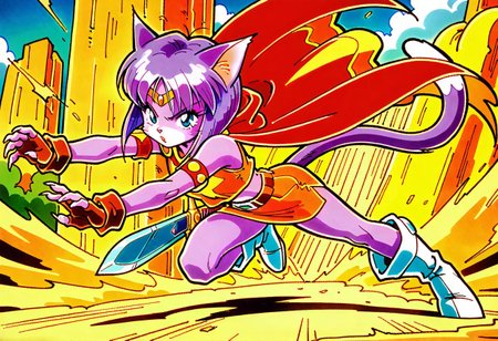 masterpiece, best quality, amazing quality, very aesthetic, absurdres, newest, 1girl, anthro, purple cat, cat ears, cat tail, paws, claws, body fur, medium purple hair, gold circlet, blue eyes, armband, orange crop top, red cape, orange miniskirt, belt, sheathed sword, slide slit, brown fingerless gloves, white boots, action pose,