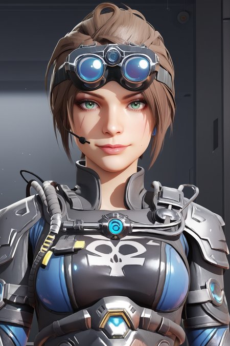 score_9, score_8_up, score_7_up, score_6_up, BREAK, AliasDeepDCODXL, scar on cheek, green eyes, brown hair, short hair, parted bangs, single hair bun, headset, googles on head, medium breasts, black armor, shoulder pads, blue bodysuit, black bodysuit, multicolored bodysuit, skull print, solo, front view, (portrait, upper body), solo focus, seductive smile, looking at viewer, indoors <lora:AliasDeepDCODXL:0.9>