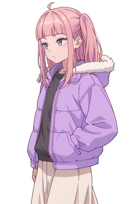 Smooth Quality,masterpiece,beautiful aesthetic, very intricate, high quality details, ultra realistic, high detailed skin,
simple background, white background, 
disdain,sideways,walking, one hand in pocket, looking aside, casual, confident,  ,
long skirt, ,fur-trimmed jacket,  
 <lora:Fuyuki_Momokocnn:0.8> momoko/cnn, pink hair, 1girl, ahoge, purple eyes,petite,