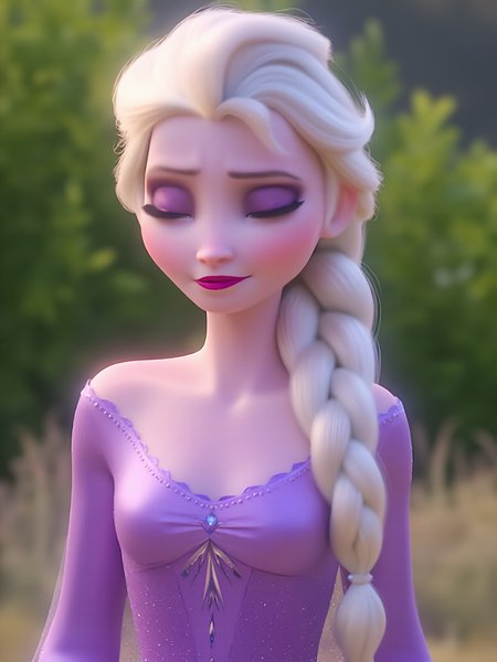 masterpiece,4k studio photo quality, inematic lighting,clear photo,Waist-up view,outdoor,ultra detail skin,elsa \(frozen\),Elsa's Purple Nightgown, solo, bare shoulders,open eyes,shy, Braid on right shoulder,(purple eyeshadow, Shiny lips),Elsa's Light Purple Dress, view from font, <lora:Elsa-Flux:1>ï¼