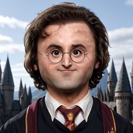 smallfaced, big head with scar and tiny face harry potter, hogwarts in background, owl on shoulder, 8k, award winning, magic