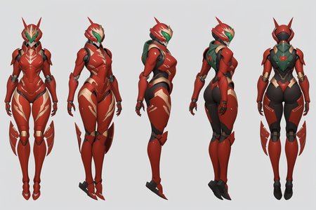 (GENERAL:0), mecha, robot, masterpiece, best quality, very aesthetic, absurdres, solo, standing,
(VIEWS:0),  full body character turnaround of mecha,
Multiple views of the same mecha,  (simple background, white background:1.2), multiple views, side view, back view, front view, 
,
mask, helmet,
Tortoise\(animals\)ï¼
warframe,
plate armor, power suit, alien,
android, cybersuit, upper armor, mechanical arms, machinery, prosthesis,
(bodyshape:0), Tall and lean body,
(clothing:0), (Off-the-shoulder frilled shirt paired with a flowy floral print long skirt and wedge sandals:0.6), 
(red  
medieval  theme character design:1.1),
 <lora:MechTurnXLRemix_v1:.75>
 <lora:MechTurnXL_v1:.25>
<lora:ClothTurnXLRemix_v1-000004:.25>
 <lora:ClothTurnXL_v1-000004:0.25> 
<lora:CharTurnXL_v2:0.25>
 <lora:xl_more_art-full_v1:.25>,
 <lora:Alphonse Mucha Style:.1>, Alphonse Mucha Style page
 <lora:å½é£æç»SDXL:.1>